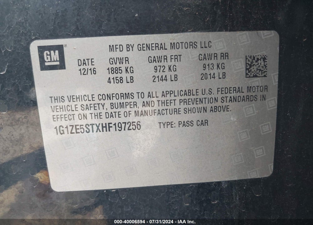 2017 CHEVROLET MALIBU 1LT VIN: 1G1ZE5STXHF197256