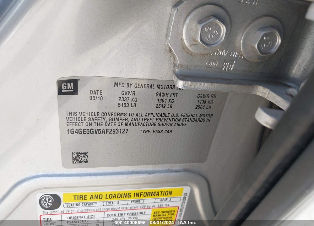 2010 BUICK LACROSSE CXS VIN: 1G4GE5GV5AF293127