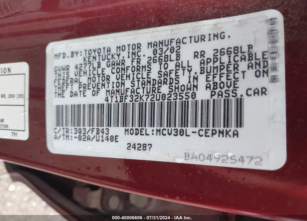 2002 TOYOTA CAMRY LE V6 VIN: 4T1BF32K72U023550