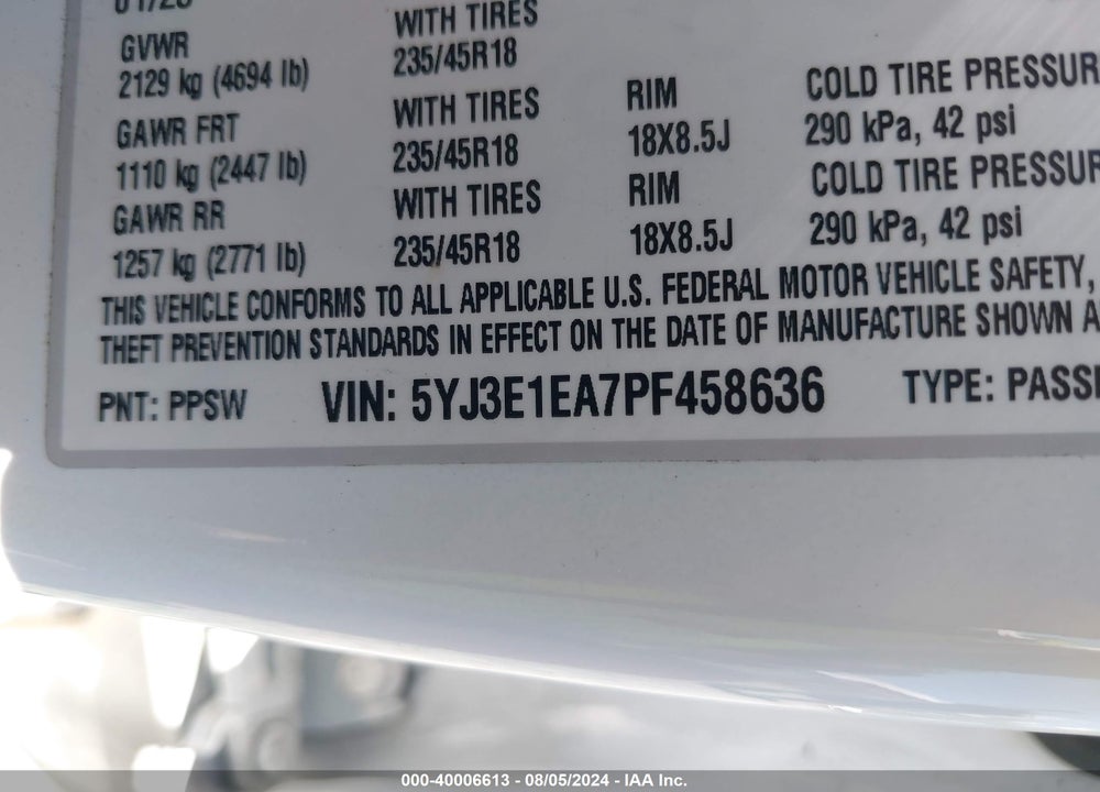 2023 TESLA MODEL 3 REAR-WHEEL DRIVE VIN: 5YJ3E1EA7PF458636
