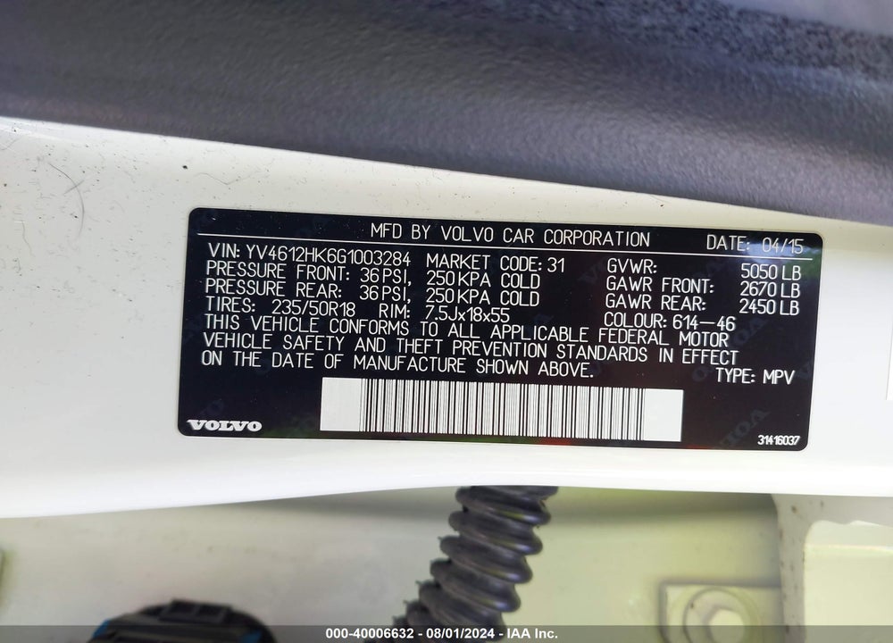 2016 VOLVO V60 CROSS COUNTRY T5 VIN: YV4612HK6G1003284