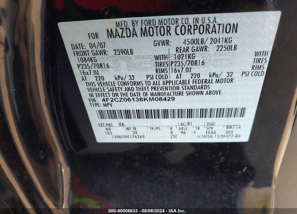 2008 MAZDA TRIBUTE S TOURING VIN: 4F2CZ06138KM08429