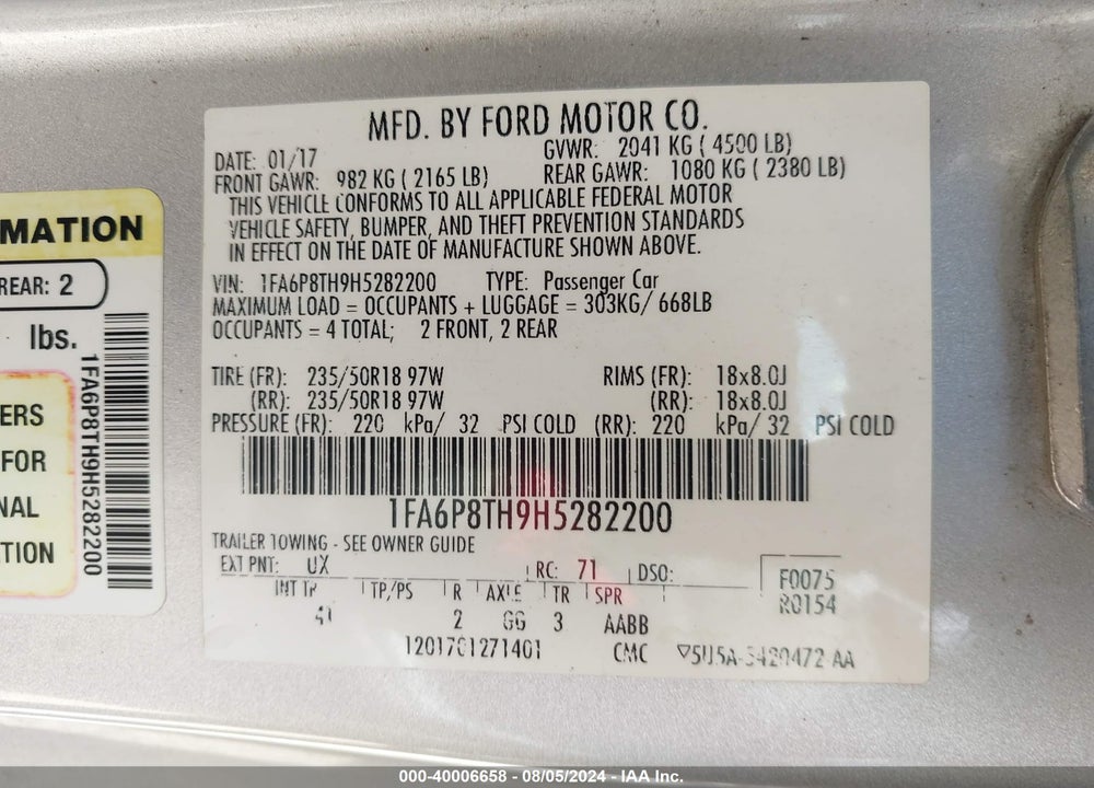2017 FORD MUSTANG ECOBOOST VIN: 1FA6P8TH9H5282200