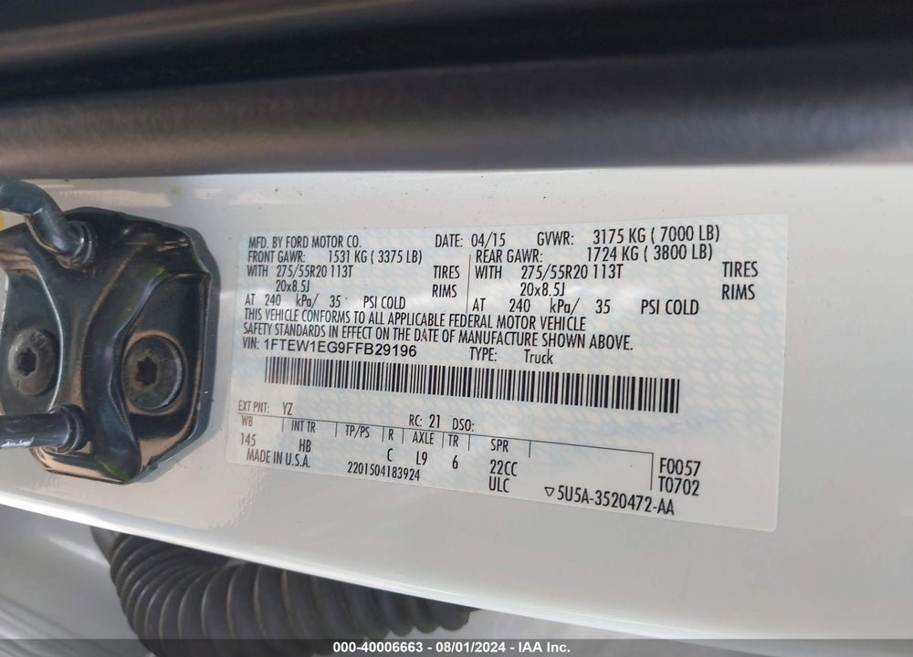 2015 FORD F-150 LARIAT VIN: 1FTEW1EG9FFB29196