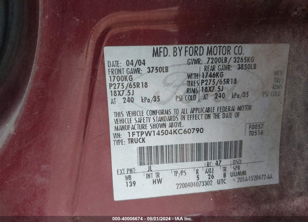 2004 FORD F-150 FX4/LARIAT/XLT VIN: 1FTPW14504KC60790