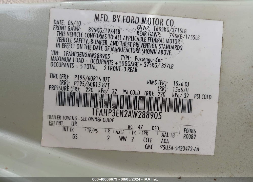 2010 FORD FOCUS S VIN: 1FAHP3EN2AW288905