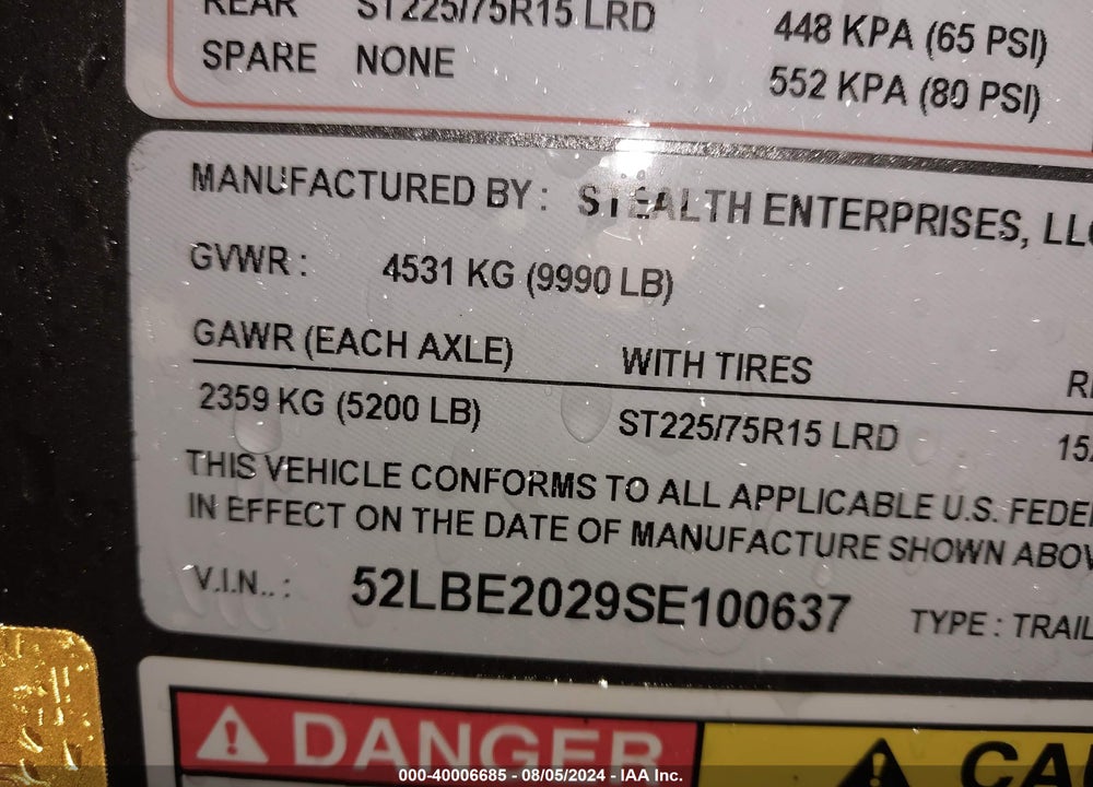 2025 STEALTH STT8520T VIN: 52LBE2029SE100637