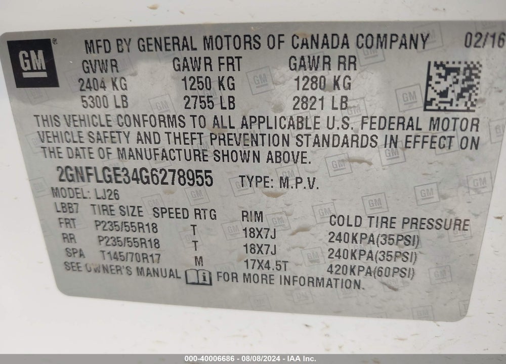 2016 CHEVROLET EQUINOX LTZ VIN: 2GNFLGE34G6278955