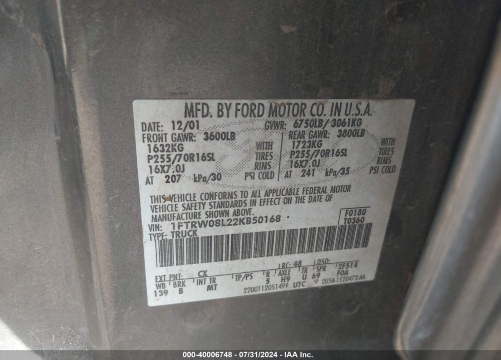 2002 FORD F-150 LARIAT/XLT VIN: 1FTRW08L22KB50168