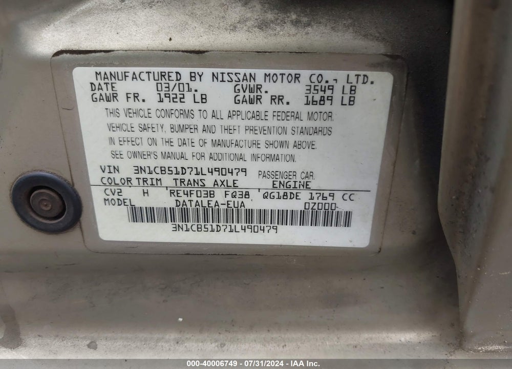 2001 NISSAN SENTRA GXE VIN: 3N1CB51D71L490479