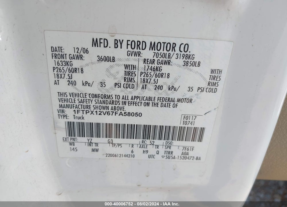 2007 FORD F-150 LARIAT/STX/XL/XLT VIN: 1FTPX12V67FA58050