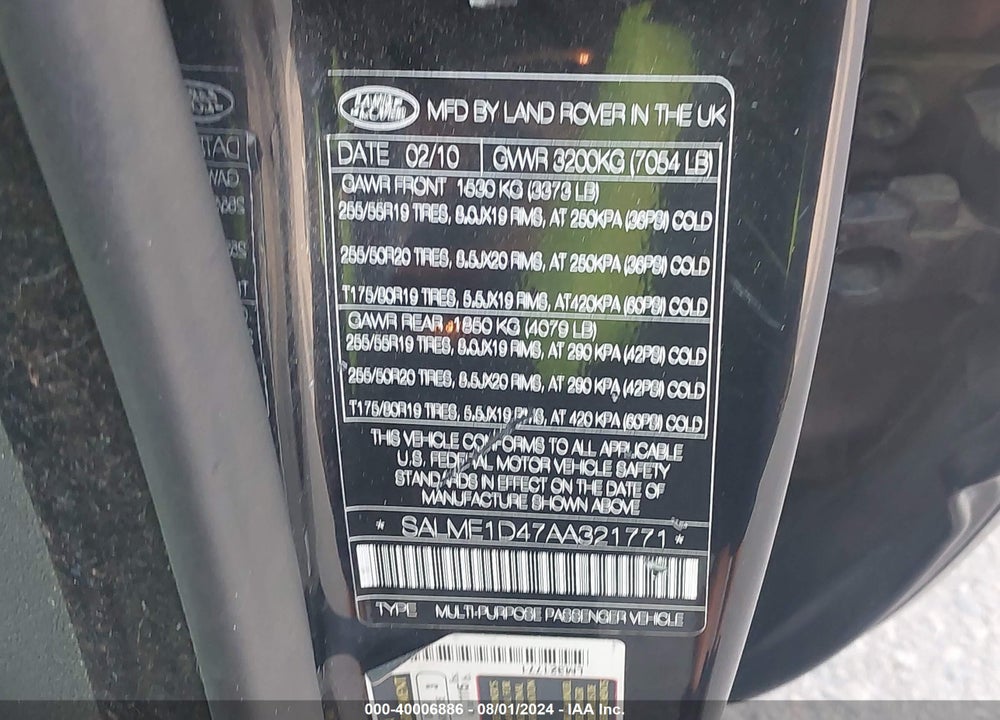 2010 LAND ROVER RANGE ROVER HSE VIN: SALME1D47AA321771
