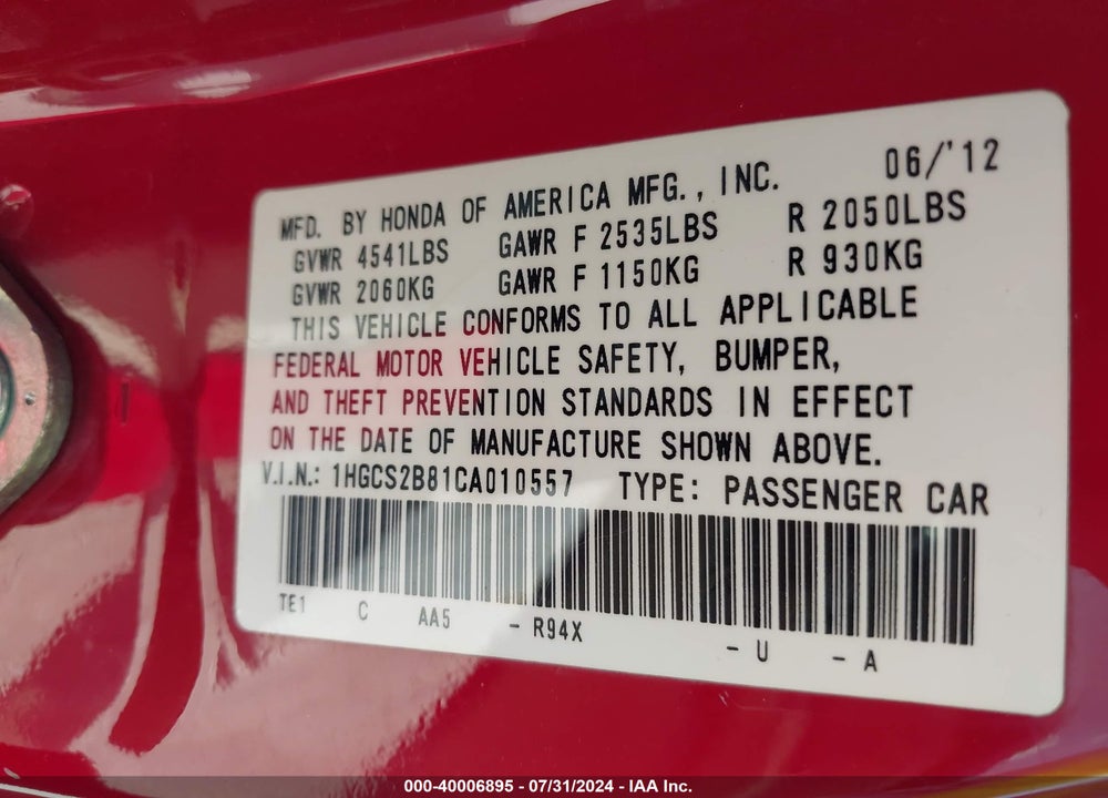 2012 HONDA ACCORD 3.5 EX-L VIN: 1HGCS2B81CA010557