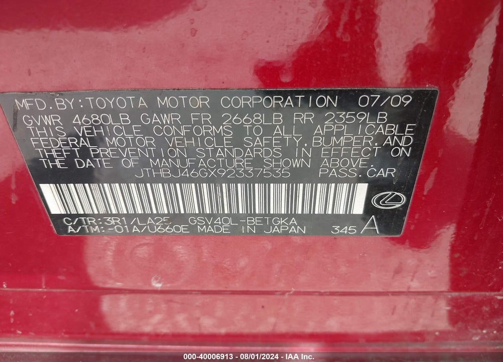 2009 LEXUS ES 350 VIN: JTHBJ46GX92337535