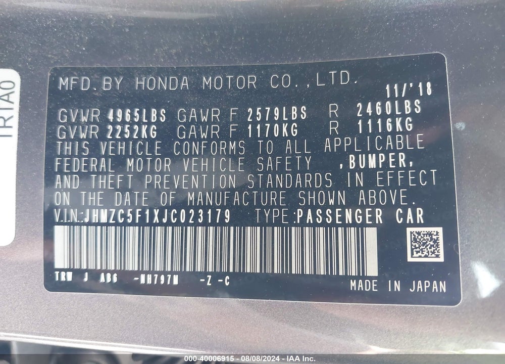2018 HONDA CLARITY PLUG-IN HYBRID VIN: JHMZC5F1XJC023179