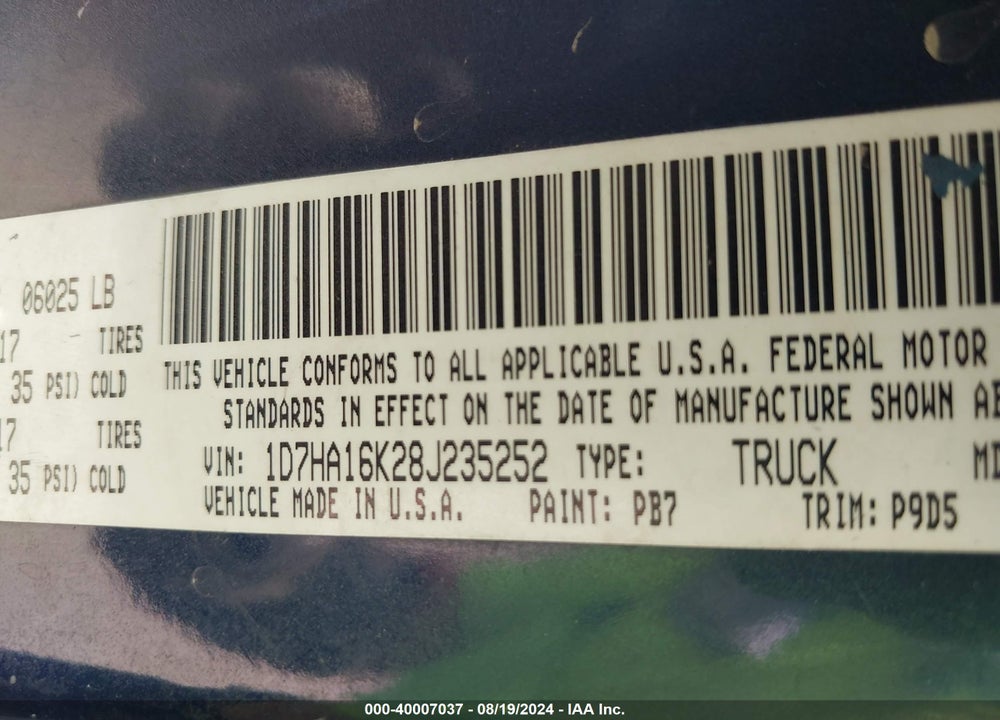 2008 DODGE RAM 1500 ST/SXT VIN: 1D7HA16K28J235252