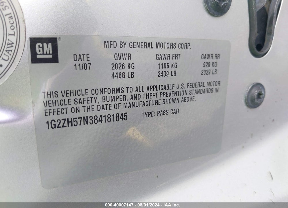 2008 PONTIAC G6 GT VIN: 1G2ZH57N384181845