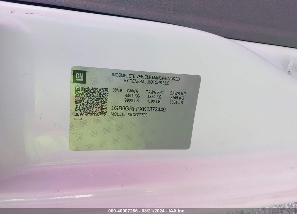 2019 CHEVROLET EXPRESS CUTAWAY WORK VAN VIN: 1GB0GRFPXK1372449