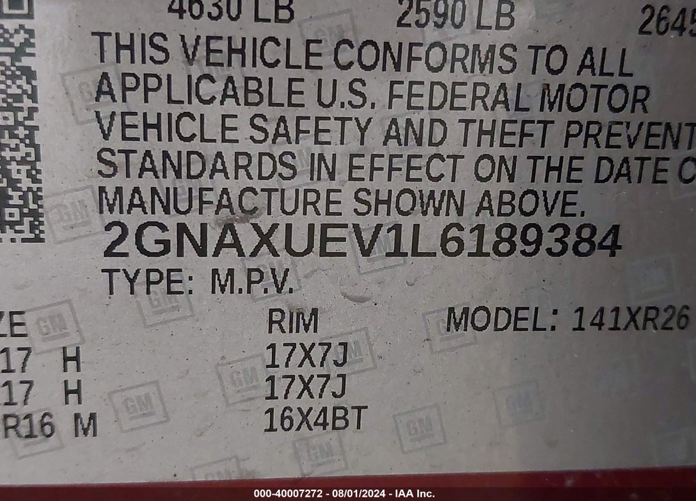 2020 CHEVROLET EQUINOX AWD LT 1.5L TURBO VIN: 2GNAXUEV1L6189384