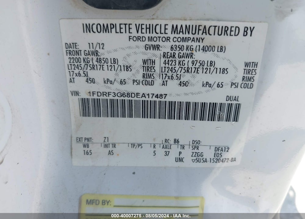 2013 FORD F-350 CHASSIS XL VIN: 1FDRF3G68DEA17487