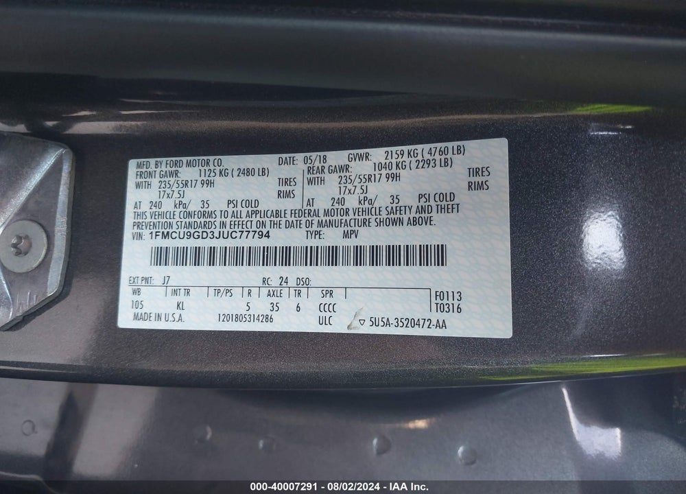 2018 FORD ESCAPE SE VIN: 1FMCU9GD3JUC77794