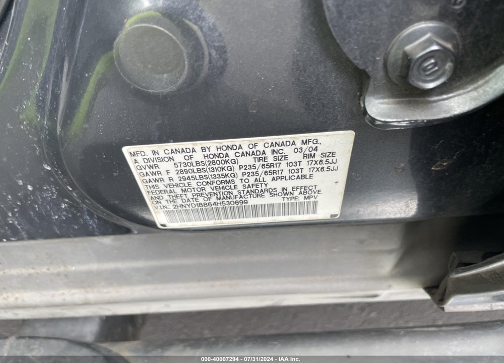 2004 ACURA MDX VIN: 2HNYD18864H530699
