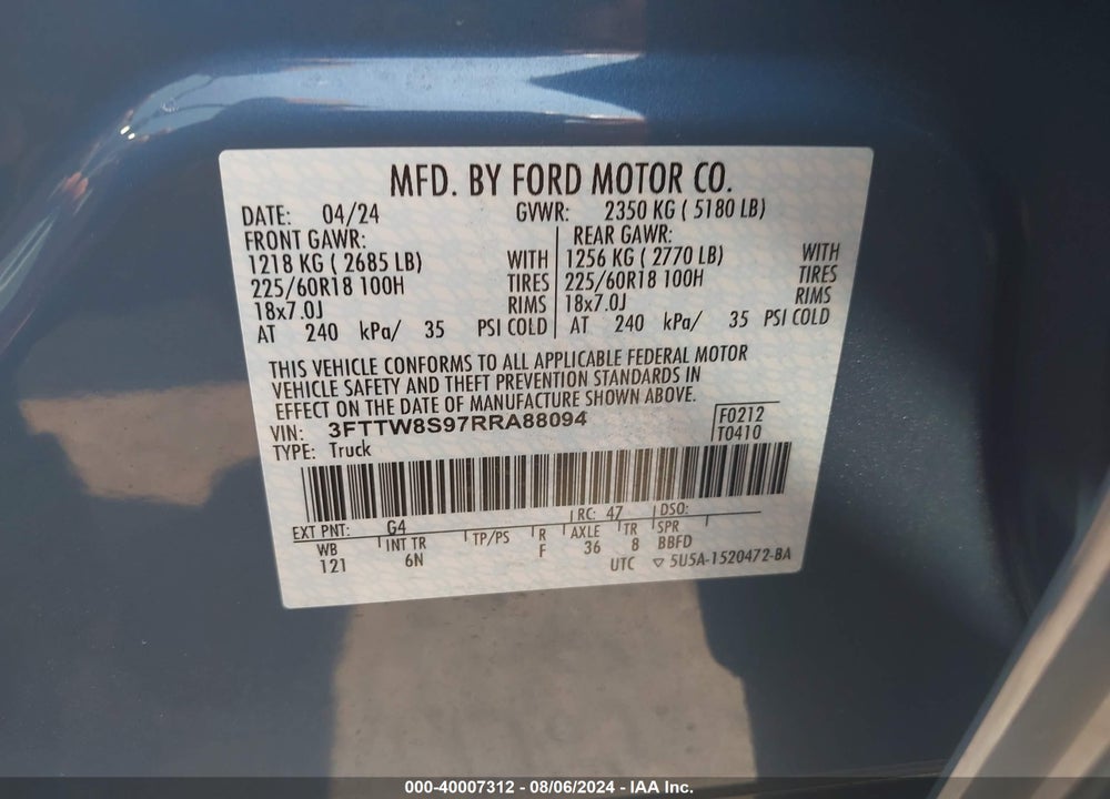2024 FORD MAVERICK LARIAT VIN: 3FTTW8S97RRA88094