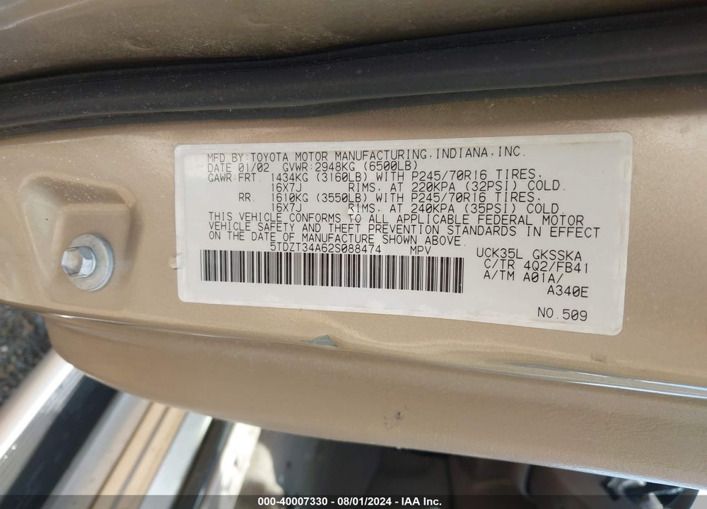 2002 TOYOTA SEQUOIA SR5 VIN: 5TDZT34A62S088474