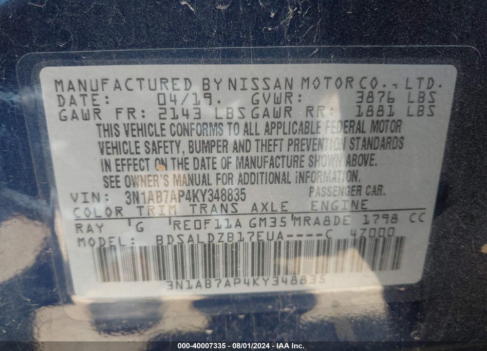 2019 NISSAN SENTRA SV VIN: 3N1AB7AP4KY348835