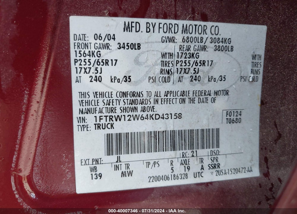 2004 FORD F-150 XLT VIN: 1FTRW12W64KD43158