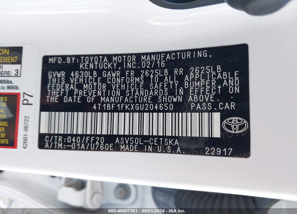 2016 TOYOTA CAMRY SE VIN: 4T1BF1FKXGU204650