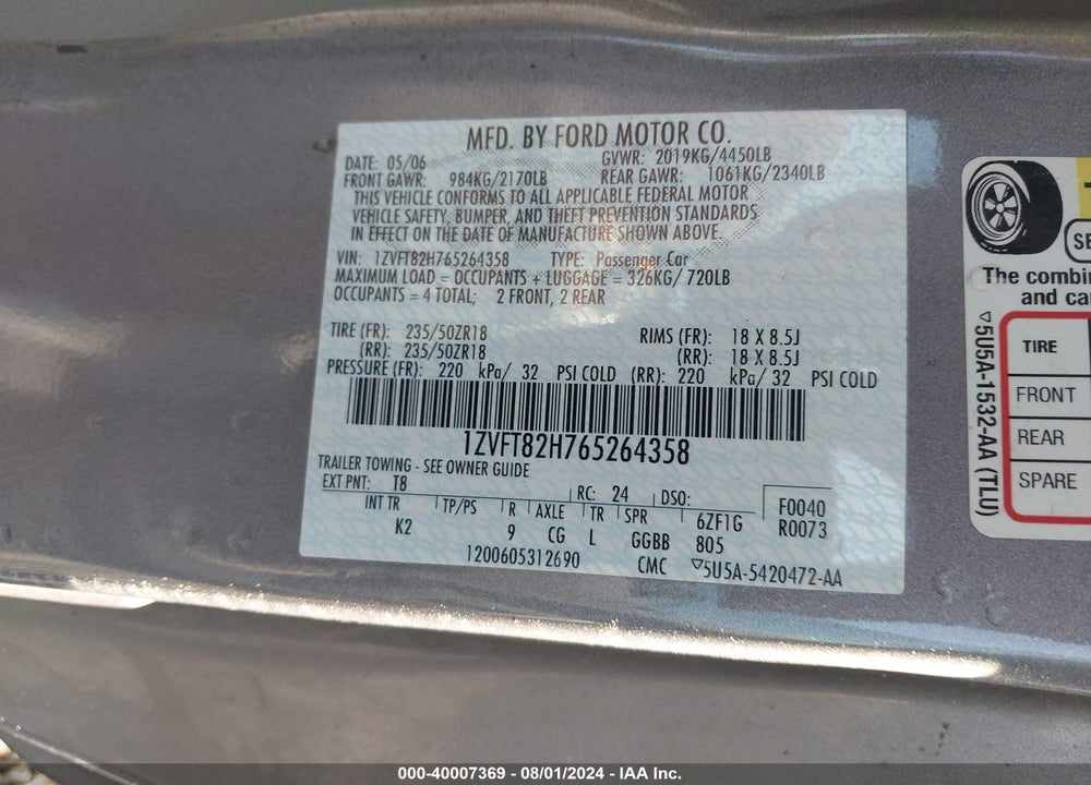 2006 FORD MUSTANG GT VIN: 1ZVFT82H765264358
