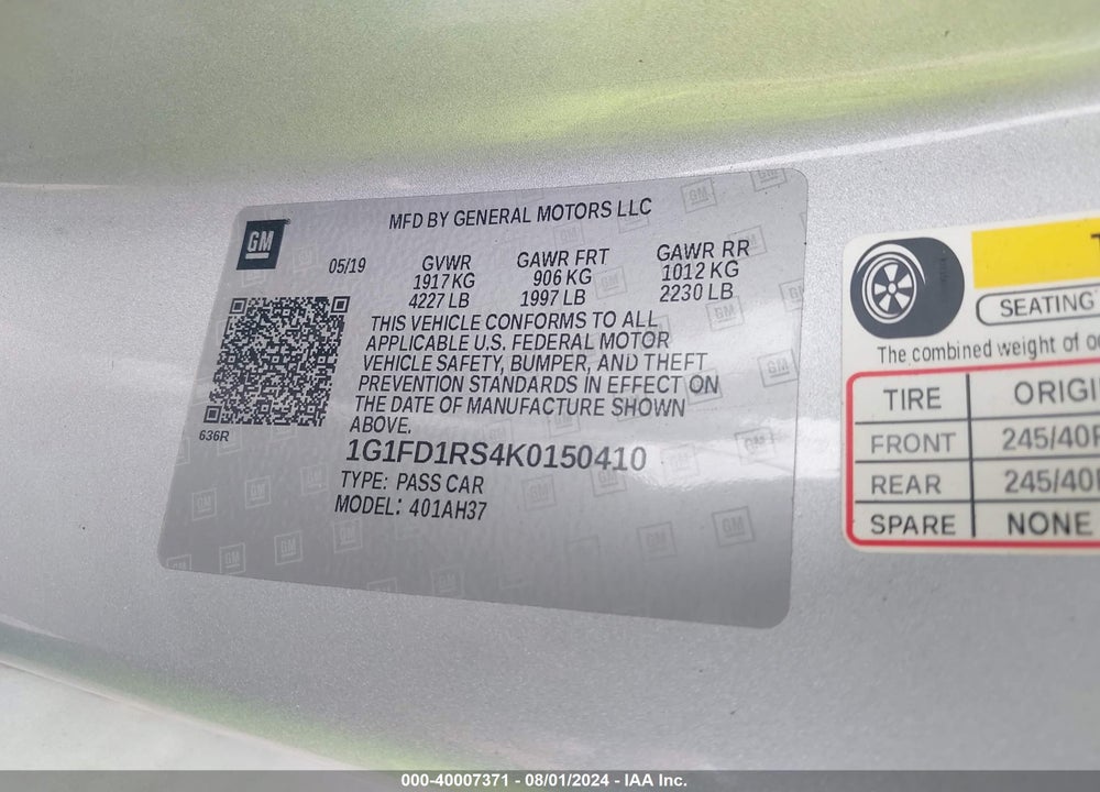 2019 CHEVROLET CAMARO 2LT VIN: 1G1FD1RS4K0150410