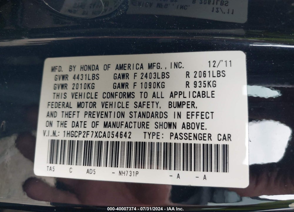 2012 HONDA ACCORD 2.4 EX VIN: 1HGCP2F7XCA054642