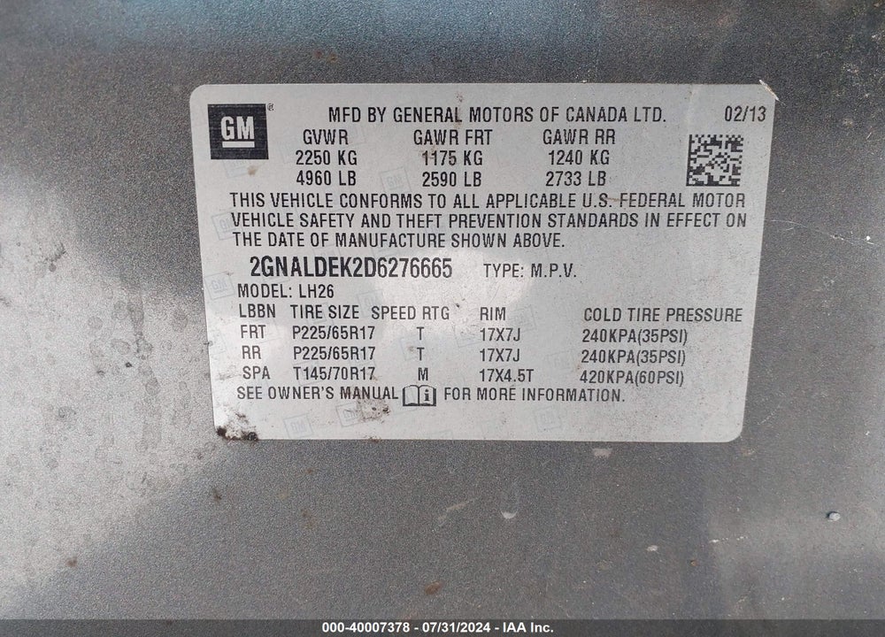 2013 CHEVROLET EQUINOX 1LT VIN: 2GNALDEK2D6276665