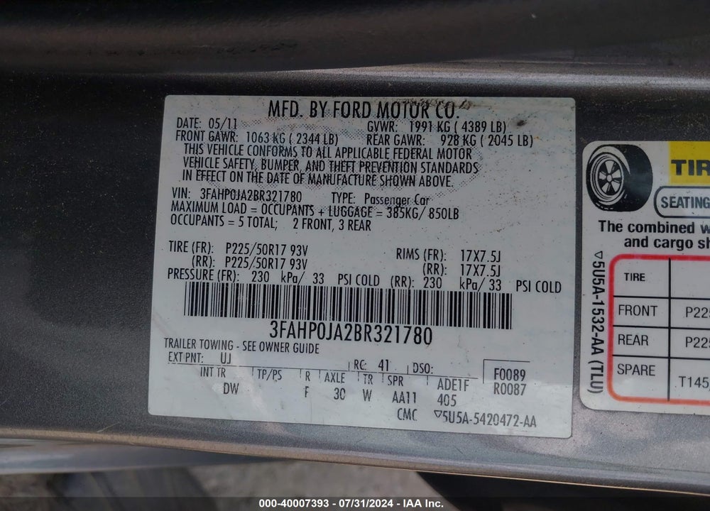 2011 FORD FUSION SEL VIN: 3FAHP0JA2BR321780
