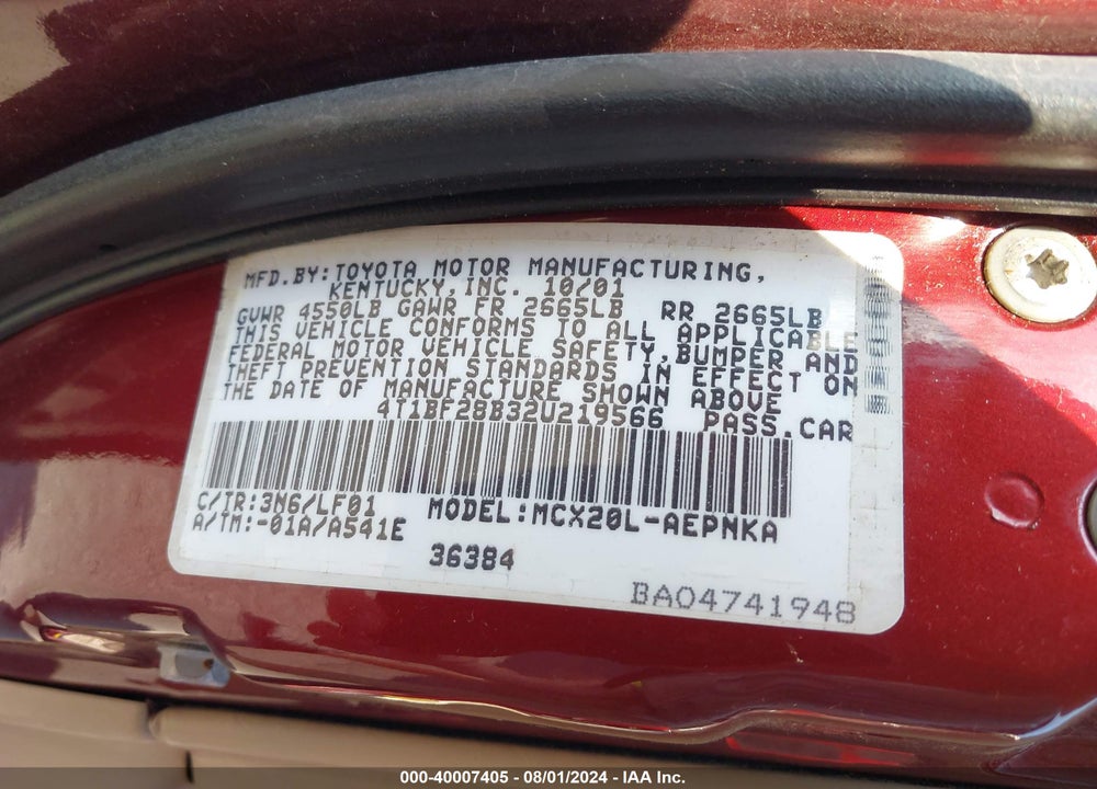 2002 TOYOTA AVALON XL VIN: 4T1BF28B32U219566
