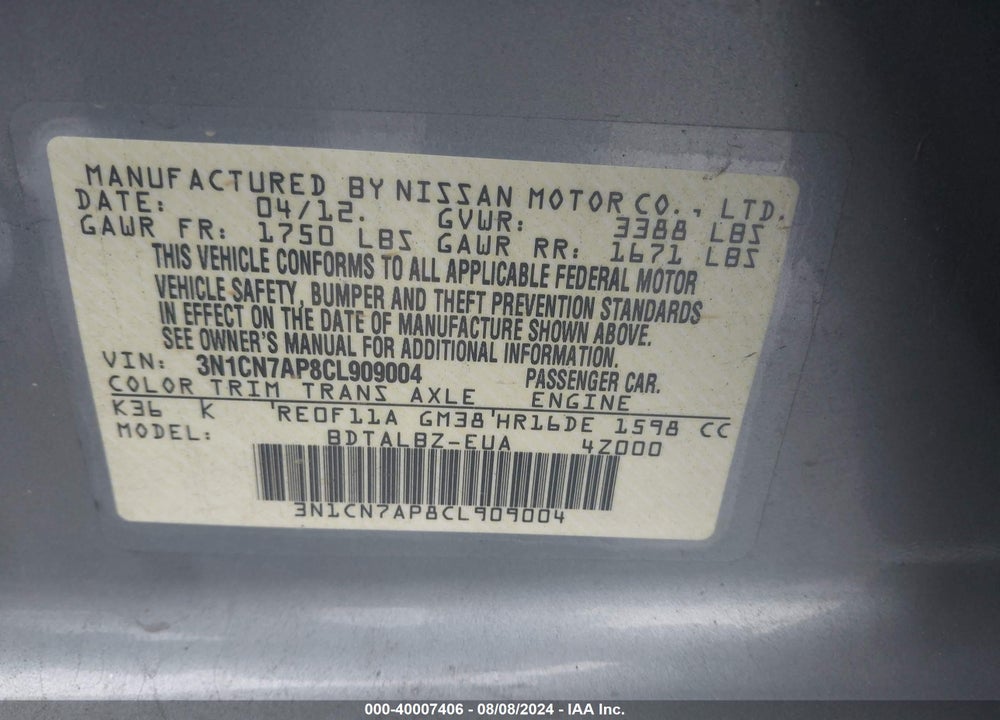2012 NISSAN VERSA 1.6 SV VIN: 3N1CN7AP8CL909004