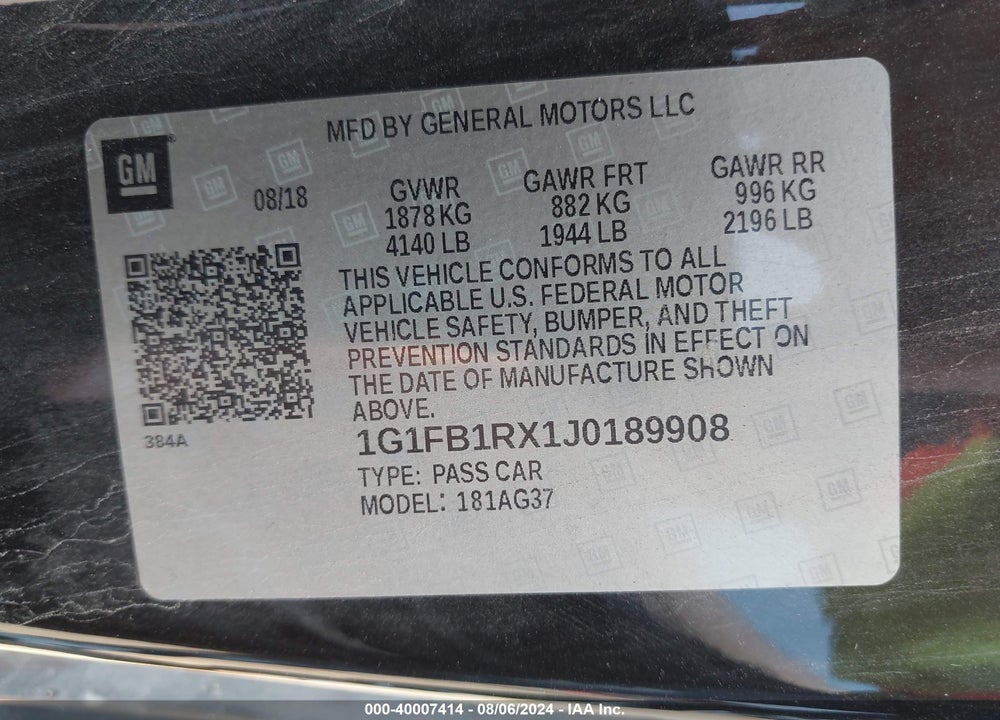 2018 CHEVROLET CAMARO 1LT VIN: 1G1FB1RX1J0189908