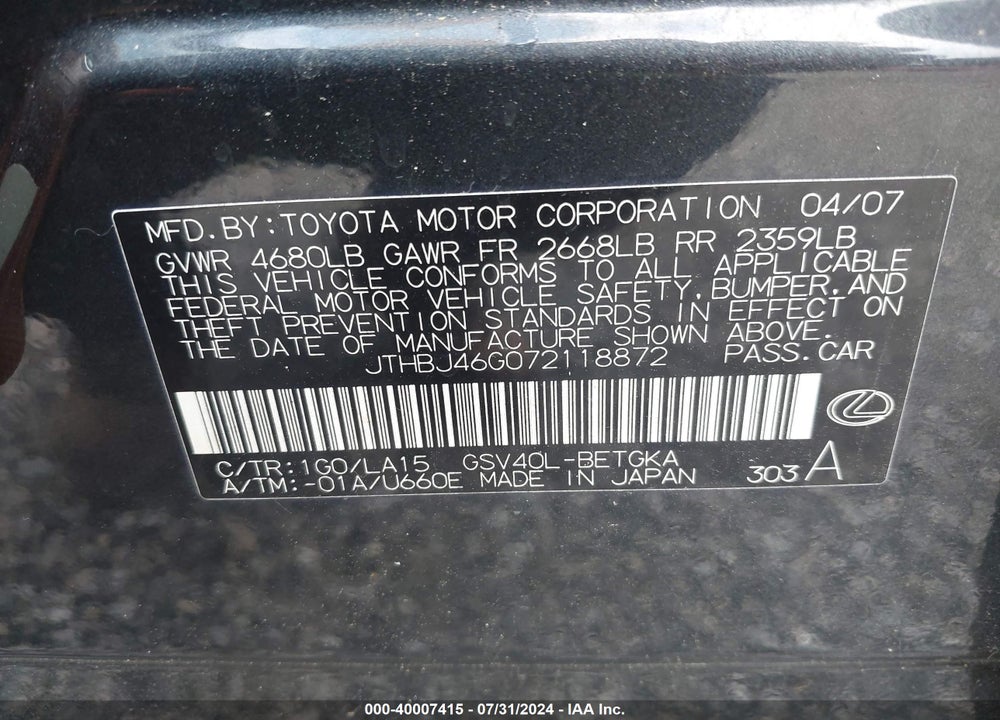 2007 LEXUS ES 350 VIN: JTHBJ46G072118872