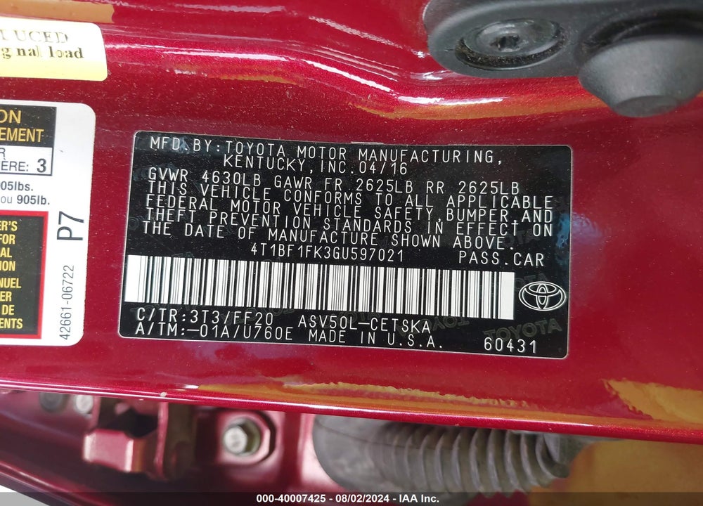 2016 TOYOTA CAMRY SE VIN: 4T1BF1FK3GU597021