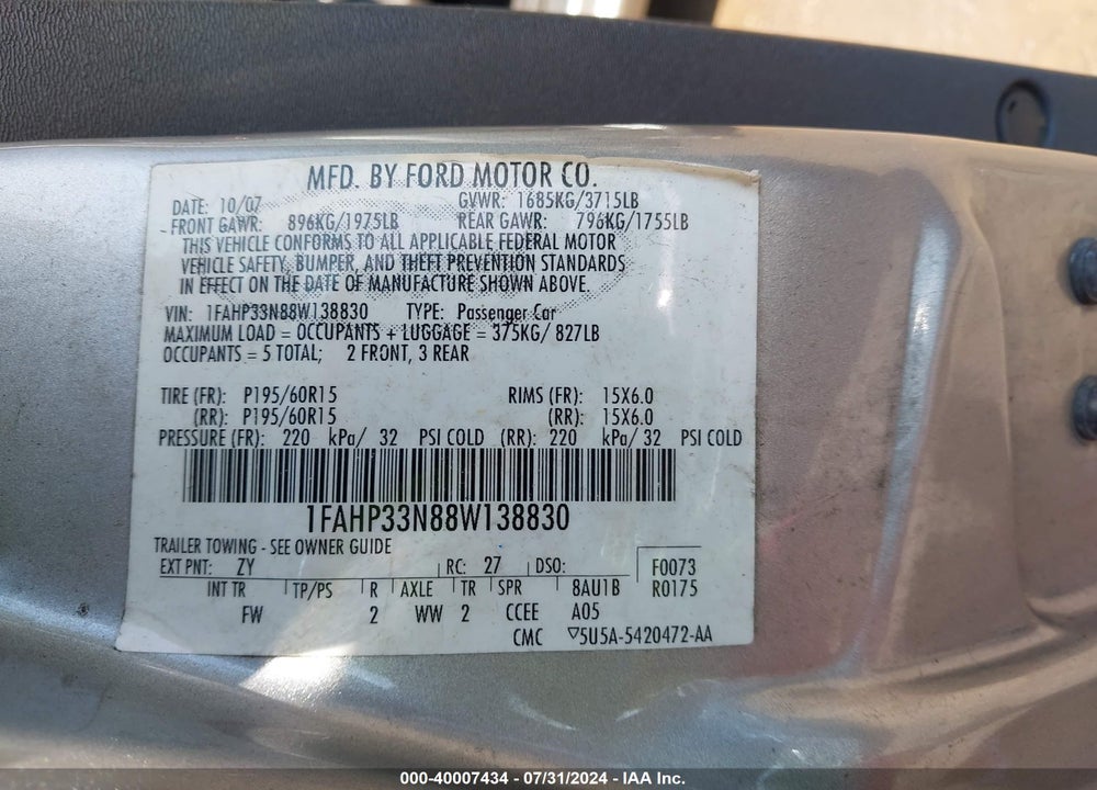 2008 FORD FOCUS SE VIN: 1FAHP33N88W138830