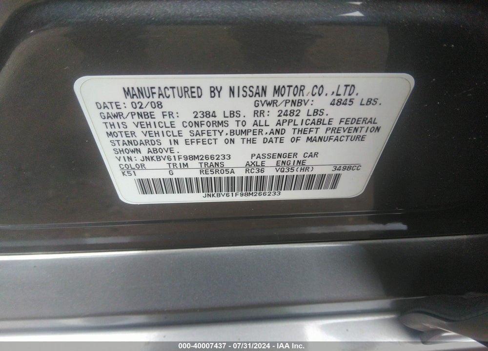 2008 INFINITI G35X VIN: JNKBV61F98M266233