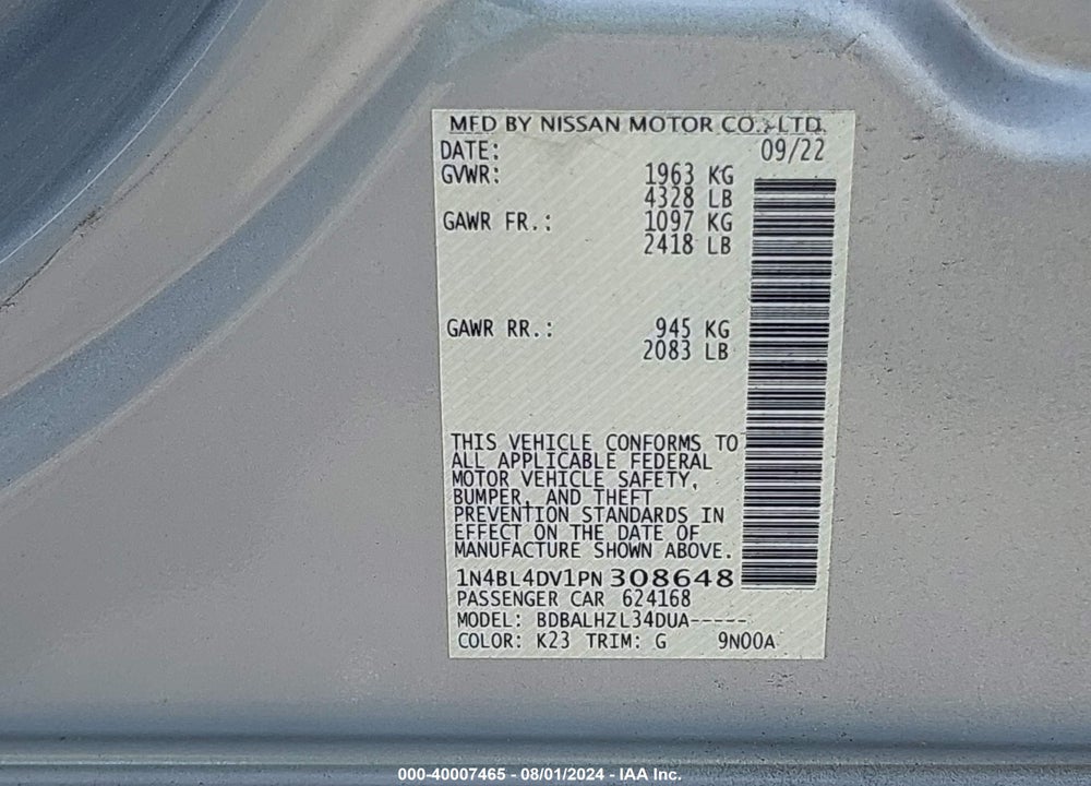 2023 NISSAN ALTIMA SV FWD VIN: 1N4BL4DV1PN308648