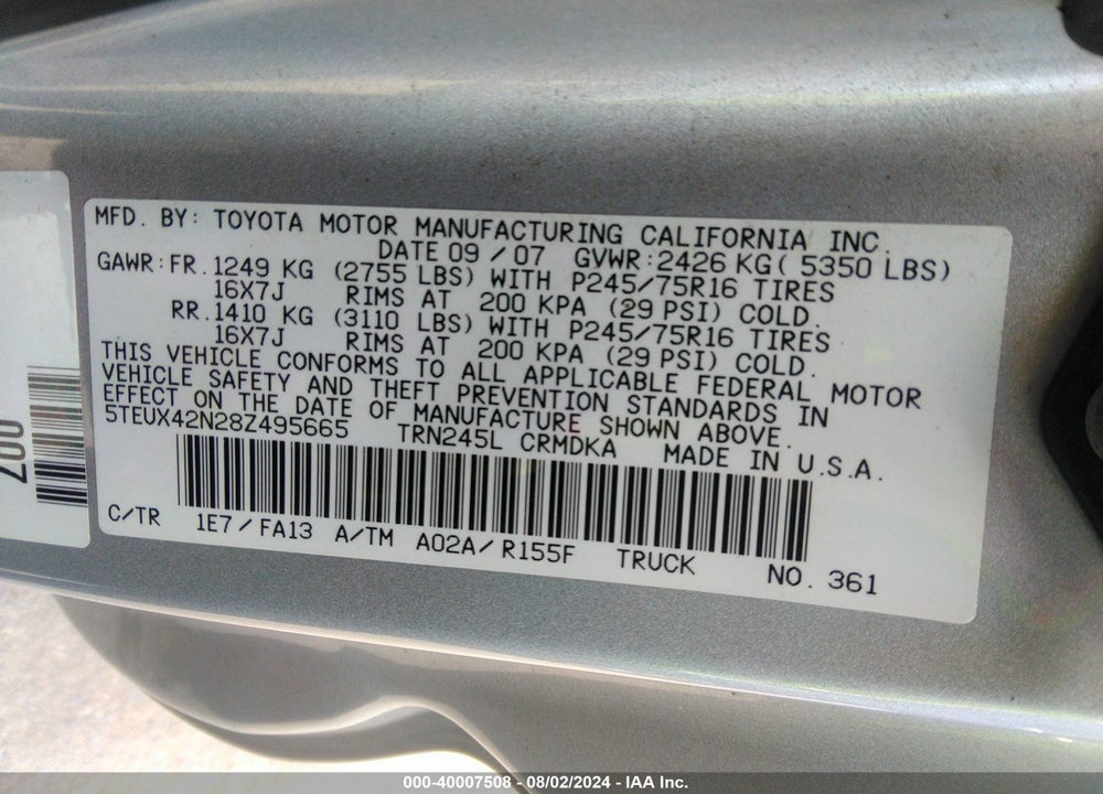 2008 TOYOTA TACOMA VIN: 5TEUX42N28Z495665