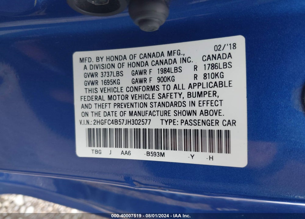 2018 HONDA CIVIC LX VIN: 2HGFC4B57JH302577
