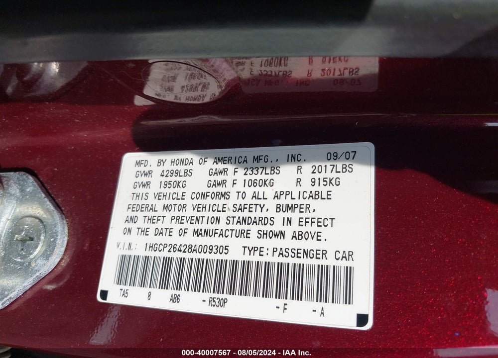 2008 HONDA ACCORD 2.4 LX-P VIN: 1HGCP26428A009305