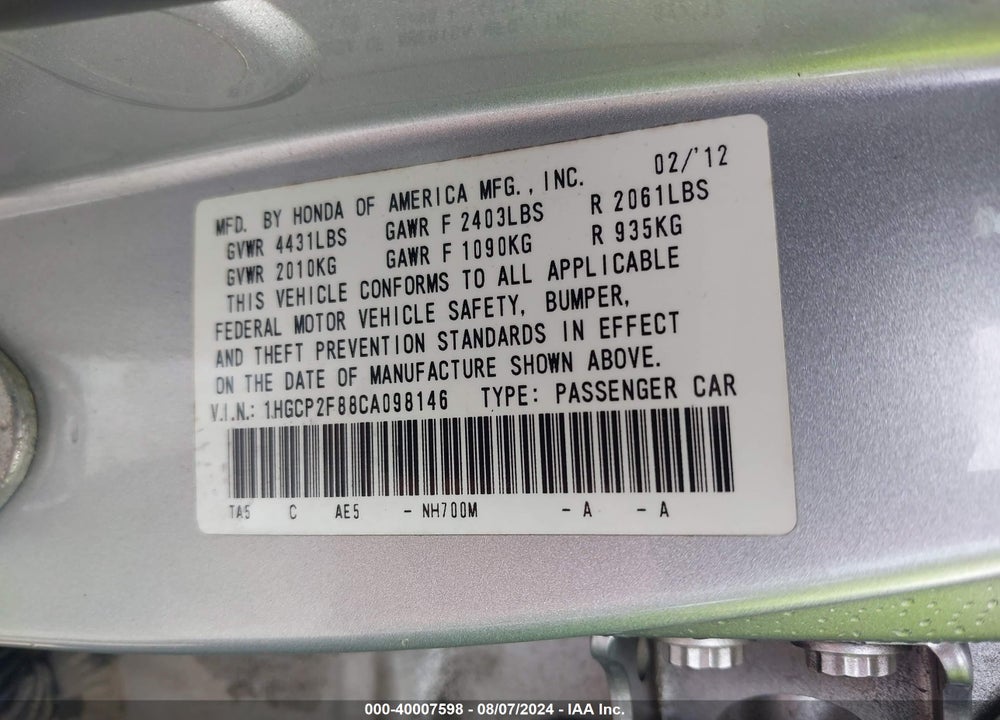 2012 HONDA ACCORD 2.4 EX-L VIN: 1HGCP2F88CA098146
