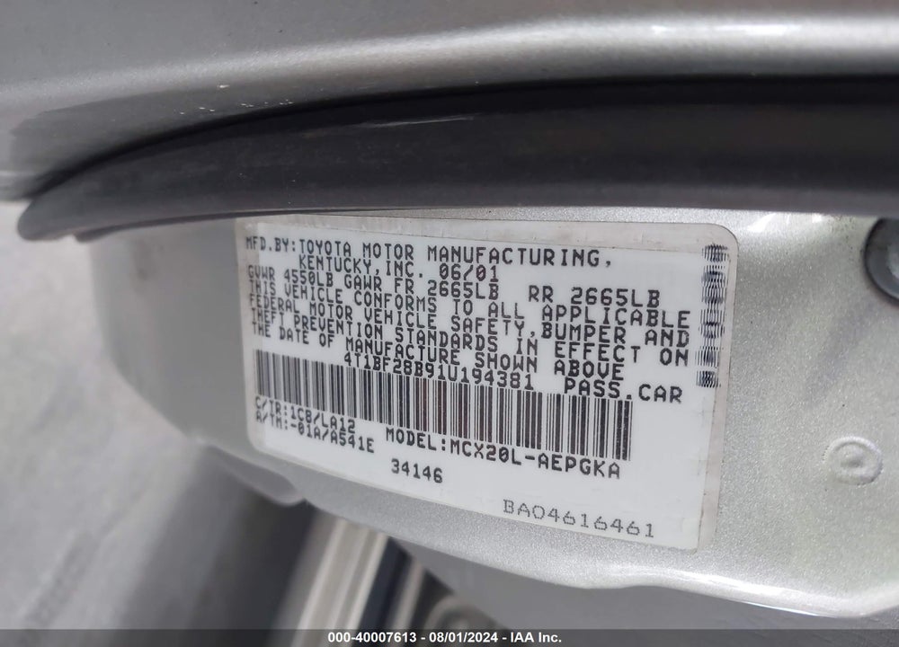 2001 TOYOTA AVALON XLS VIN: 4T1BF28B91U194381