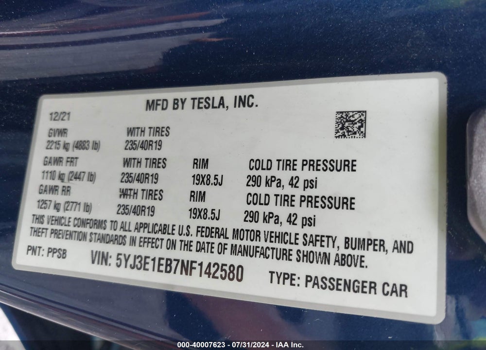 2022 TESLA MODEL 3 VIN: 5YJ3E1EB7NF142580